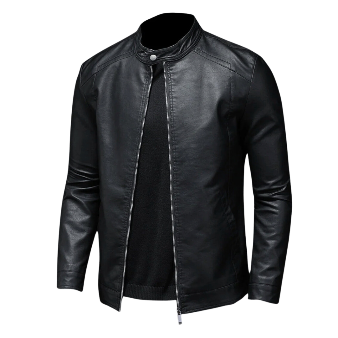 Ernst ™ | Classic Black Leather Biker Jacket with Snap Collar For Men